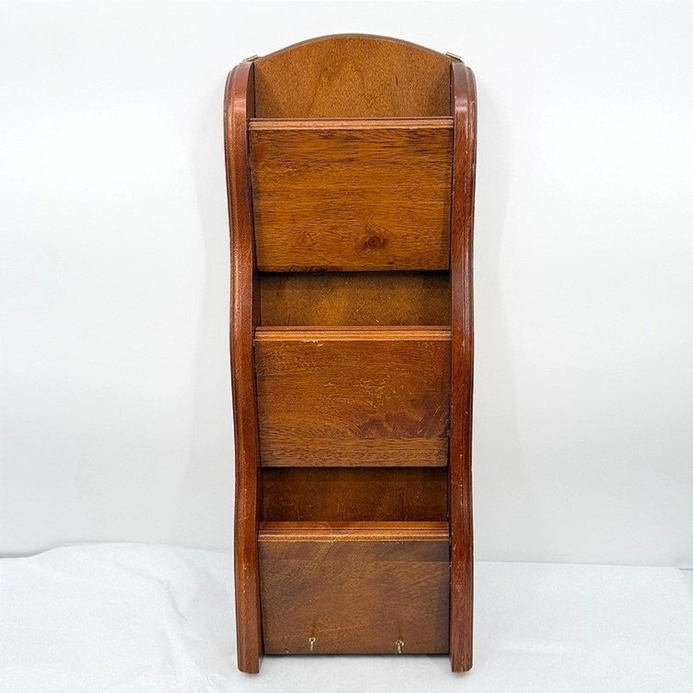 Wooden Wall Hanging Letter Holder Mail Organizer Key Hooks Vintage 3 Slots